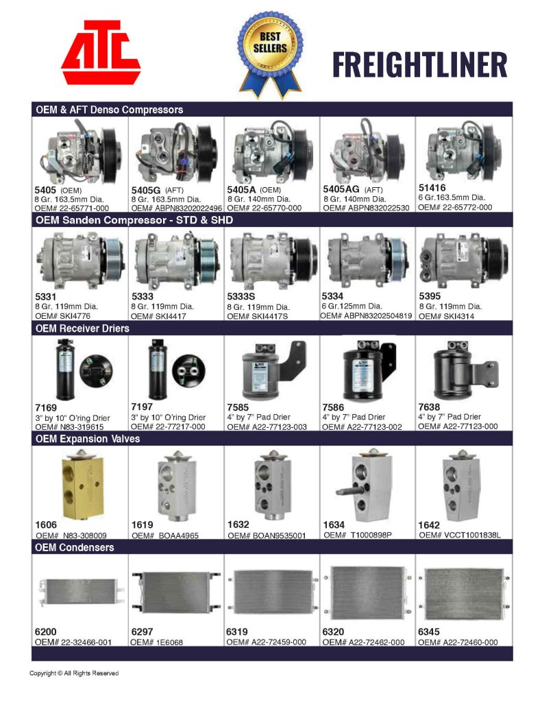 Best Sellers Mobile HVAC Parts for Freightliner - Compressors, Condensers, Clutches, Blowers, Expansion Valves, O'Rings, Receiver Driers and more.