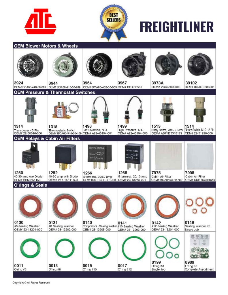 Best Sellers Mobile HVAC Parts for Freightliner - Compressors, Condensers, Clutches, Blowers, Expansion Valves, O'Rings, Receiver Driers and more.