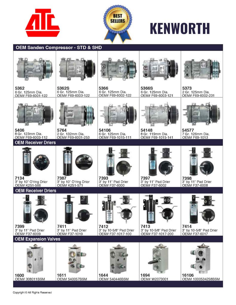 Best Sellers Mobile HVAC Parts for Kenworth - Compressors, Condensers, Clutches, Blowers, Expansion Valves, O'Rings, Receiver Driers and more.