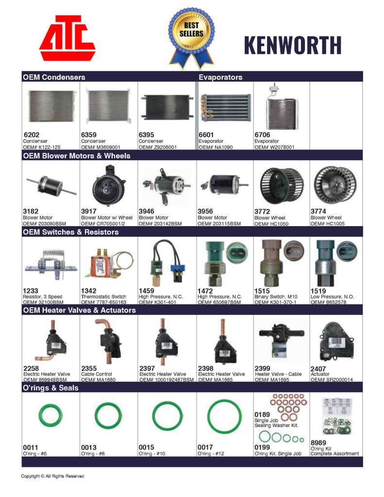 Best Sellers Mobile HVAC Parts for Kenworth - Compressors, Condensers, Clutches, Blowers, Expansion Valves, O'Rings, Receiver Driers and more.
