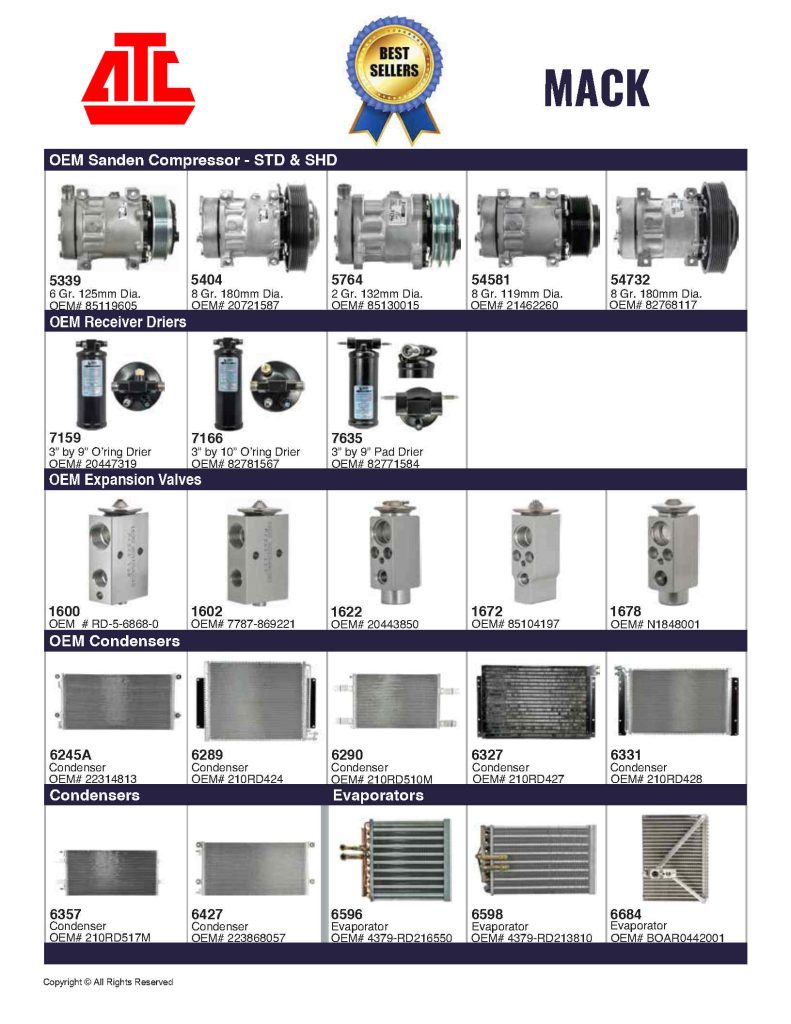 Best Sellers Mobile HVAC Parts for Mack - Compressors, Condensers, Clutches, Blowers, Expansion Valves, O'Rings, Receiver Driers and more.