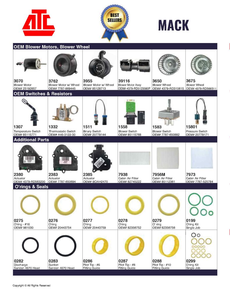 Best Sellers Mobile HVAC Parts for Mack - Compressors, Condensers, Clutches, Blowers, Expansion Valves, O'Rings, Receiver Driers and more.