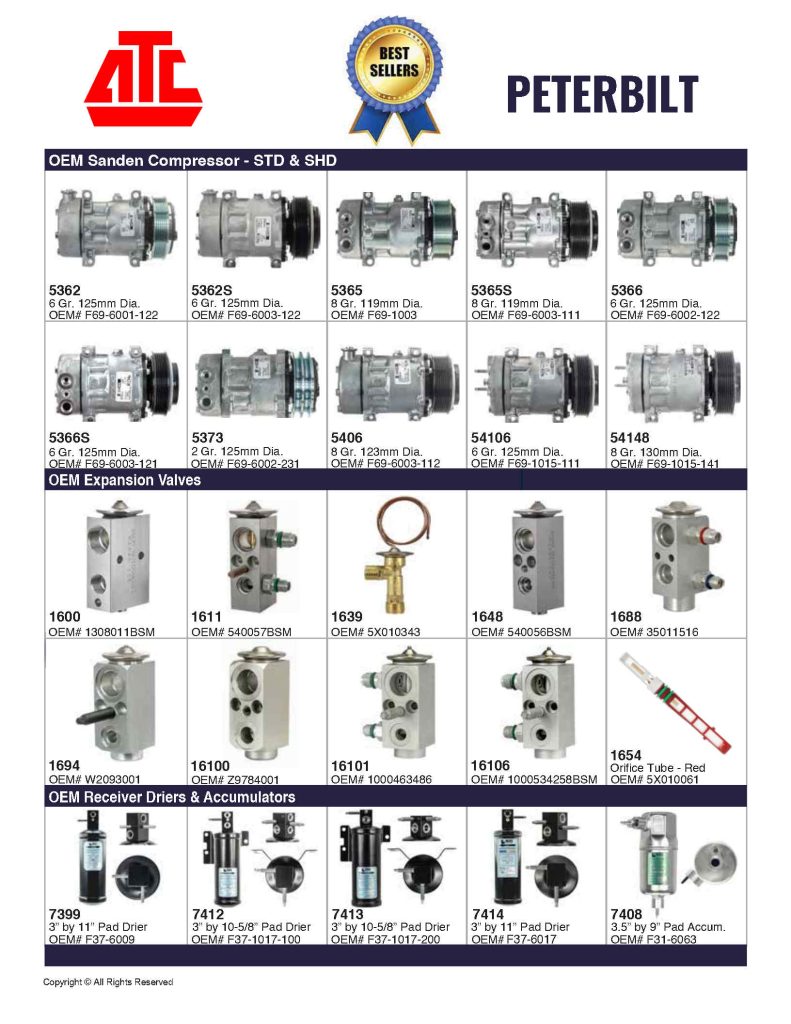 Best Sellers Mobile HVAC Parts for Peterbilt - Compressors, Condensers, Clutches, Blowers, Expansion Valves, O'Rings, Receiver Driers and more.
