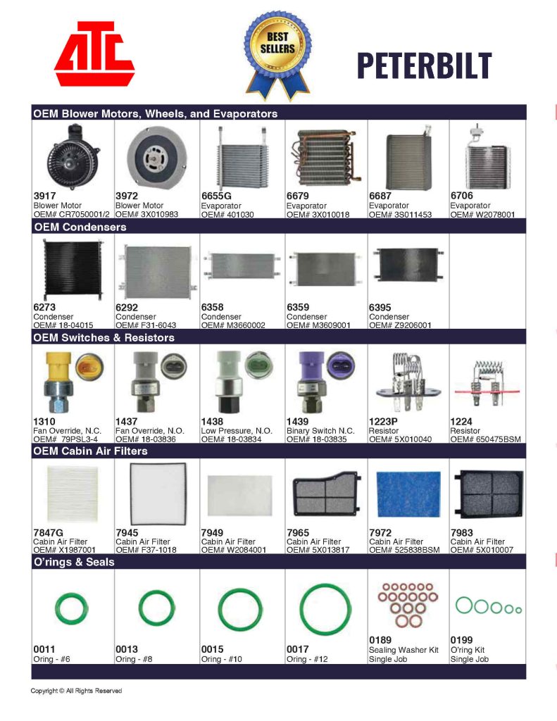 Best Sellers Mobile HVAC Parts for Peterbilt - Compressors, Condensers, Clutches, Blowers, Expansion Valves, O'Rings, Receiver Driers and more.