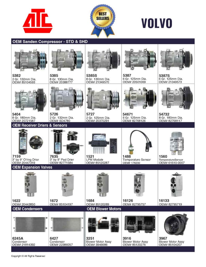 Best Sellers Mobile HVAC Parts for Volvo - Compressors, Condensers, Clutches, Blowers, Expansion Valves, O'Rings, Receiver Driers and more.