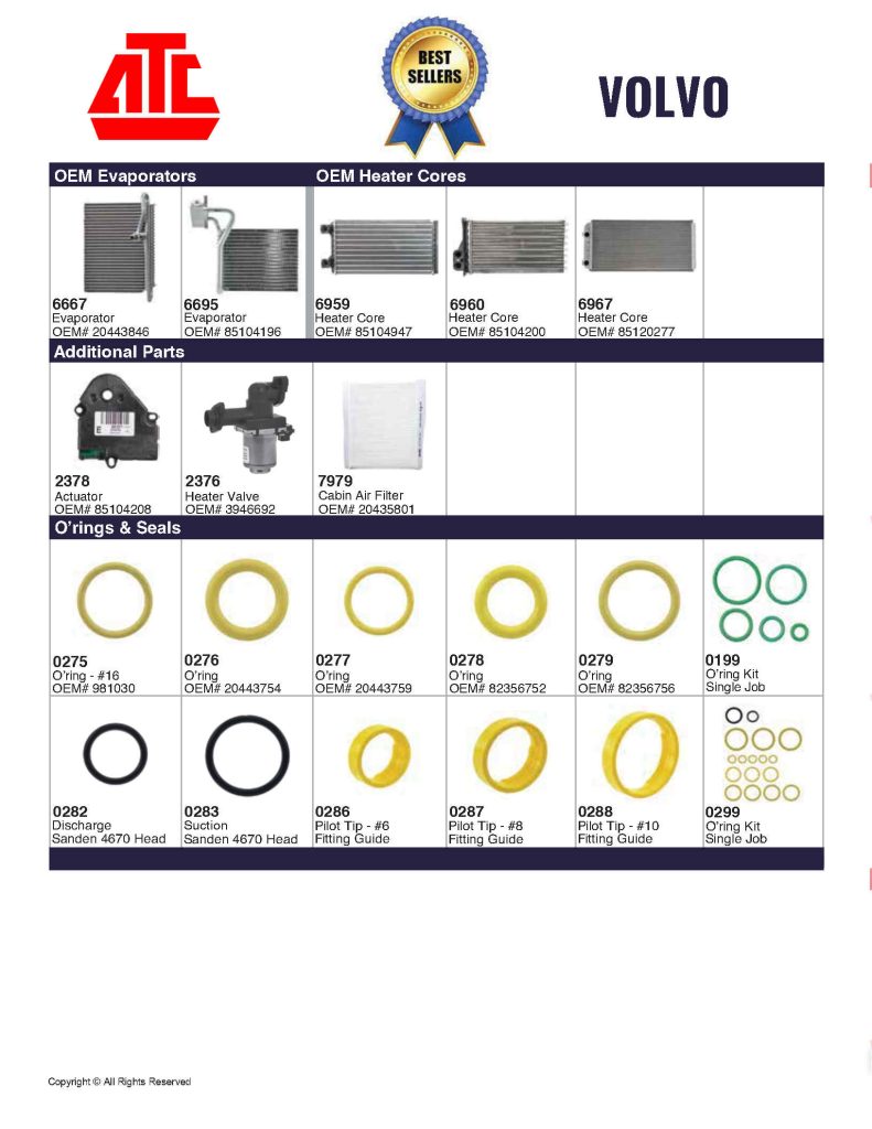 Best Sellers Mobile HVAC Parts for Volvo - Compressors, Condensers, Clutches, Blowers, Expansion Valves, O'Rings, Receiver Driers and more.